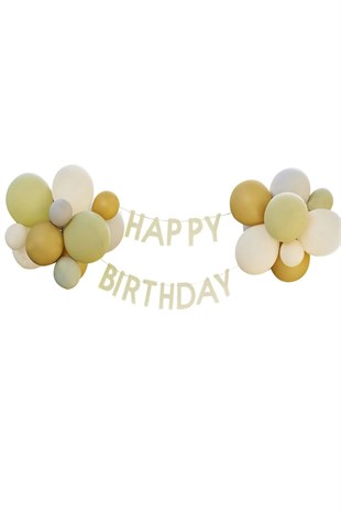 Adaçayı Küf Yeşili Happy Birthday Ahşap Balonlu Süsleme Seti