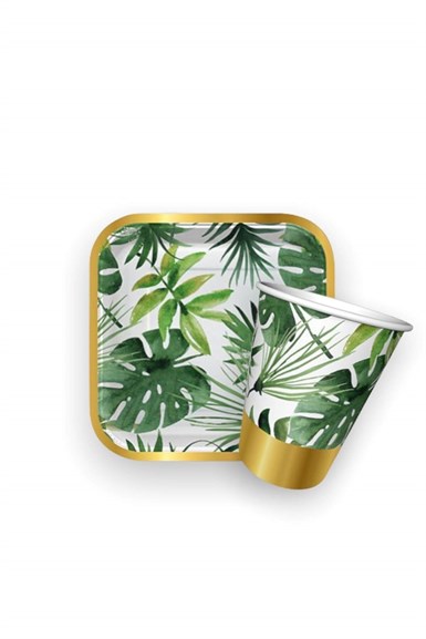 Floral Desenli Altın Varaklı Karton Tabak Bardak Set 