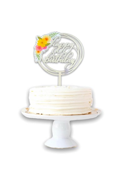 Happy Birthday Boho Çiçek Desenli Pleksi Pasta Süsü