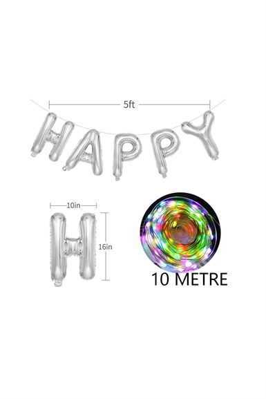 Happy Birthday Ledli Folyo Balon Set Gümüş