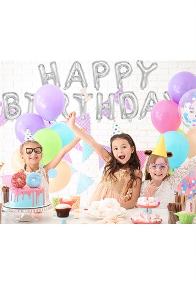 Happy Birthday Ledli Folyo Balon Set Gümüş