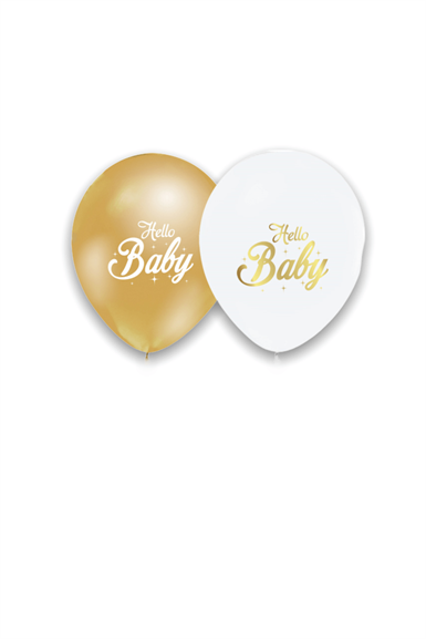 Hello Baby Baskılı Gold Beyaz  Metalik Balon 10 lu