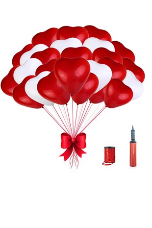 Kırmızı Beyaz Kalp Balon Demeti Seti (32 Parça)