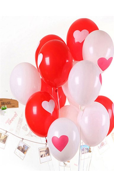 Kırmızı Beyaz Kalp Baskılı Lateks Balon 5 li
