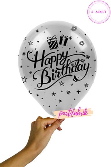 Siyah Happy Birthday Baskılı Gümüş Balon