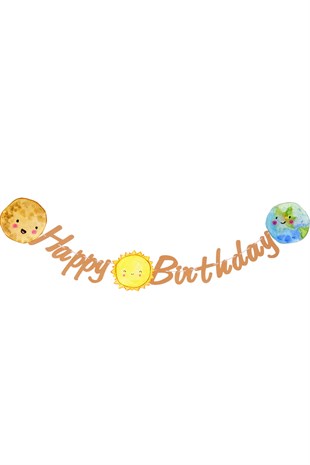 Uzay Temalı Pastel Tonlar Happy Birthday Yazı Süs