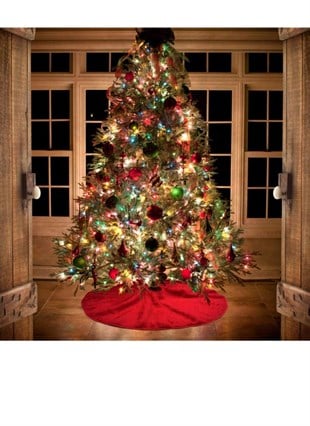 Yılbaşı Lüks Kırmızı Peluş Çam Ağacı Altlığı Krem Renk Noel Ağaç Altı Örtüsü 120 cm