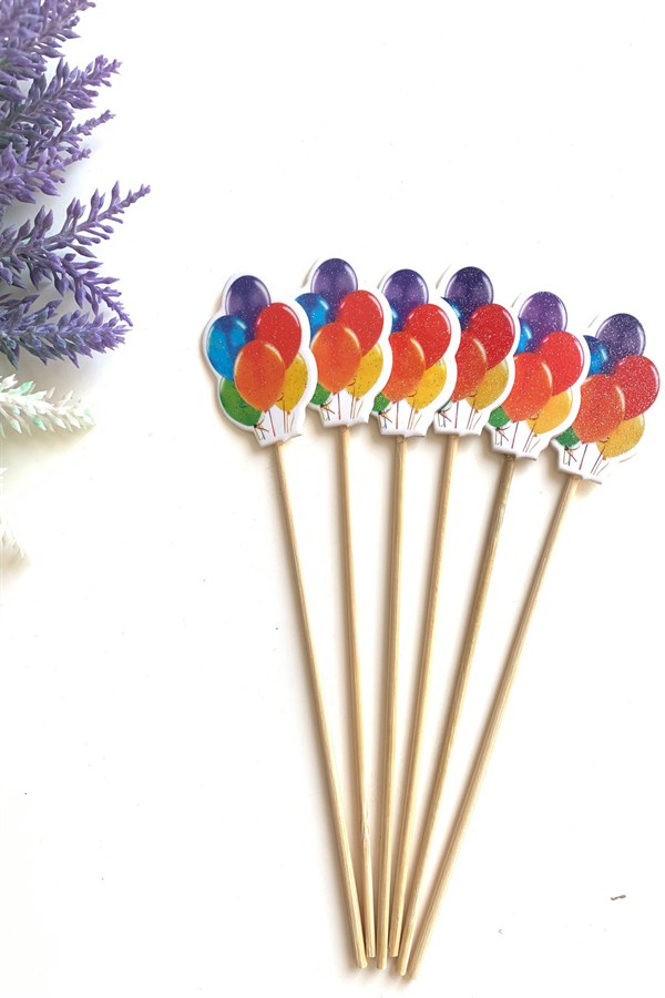 Uçan Balonlar Temalı Rengarenk Pasta Süsü Kürdan Set 6 Adet