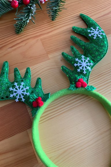 Yılbaşı Geyik Boynuzu Yeşil Peluş Taç Lüks Noel Parti Tacı